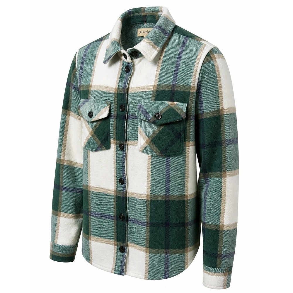 Young Hearts Run Free Shacket Womens L Fleece Plaid Hunter Green White Modern